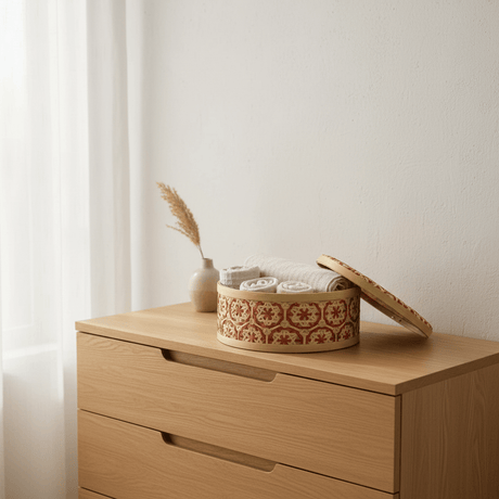 Handwoven Round Bamboo Rattan Storage Box with Lid | Geometric Patterned Decorative Basket | 25cm | - Al Kabayel Discount CentreHandwoven Round Bamboo Rattan Storage Box with Lid | Geometric Patterned Decorative Basket | 25cm |RattansAKDCAl Kabayel Discount Centre