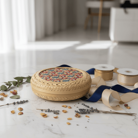Handwoven Round Rattan Box with Geometric Pattern Lid – 20cm | Decorative Storage & Gift Box - Al Kabayel Discount CentreHandwoven Round Rattan Box with Geometric Pattern Lid – 20cm | Decorative Storage & Gift BoxRattansAKDCAl Kabayel Discount Centre
