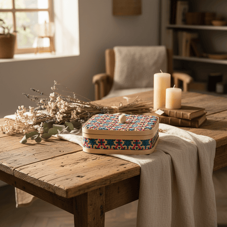 Handwoven Square Rattan Box with Lid | Colorful Geometric Pattern | Decorative Storage Basket | 22×8 cm - Al Kabayel Discount CentreHandwoven Square Rattan Box with Lid | Colorful Geometric Pattern | Decorative Storage Basket | 22×8 cmRattansAKDCAl Kabayel Discount Centre
