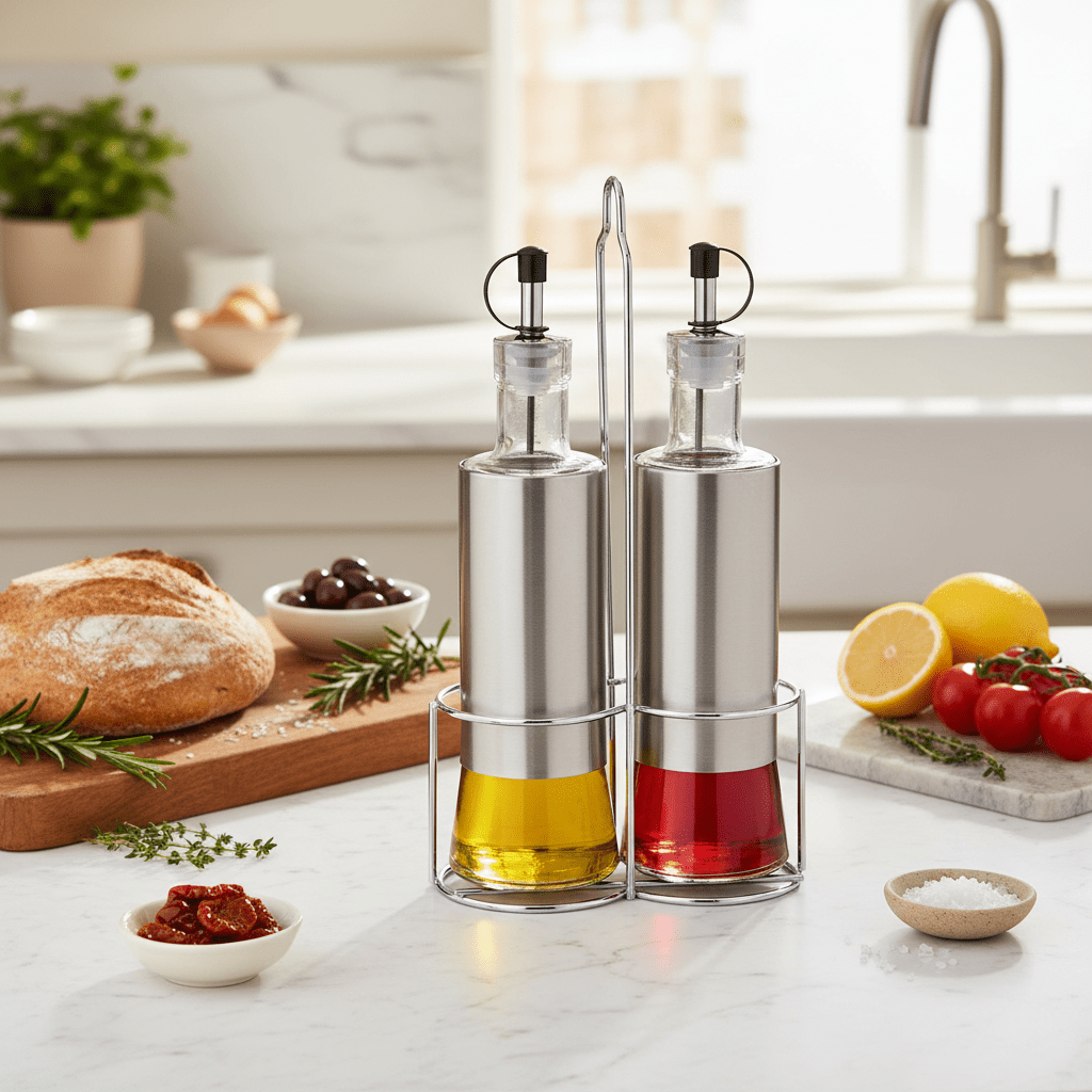 Harmony Tabletop 2-Piece Oil & Vinegar Bottle Set with Stand – Clear - Al Kabayel Discount CentreHarmony Tabletop 2-Piece Oil & Vinegar Bottle Set with Stand – ClearKitchen Utensils & GadgetsHARMONYAl Kabayel Discount Centre