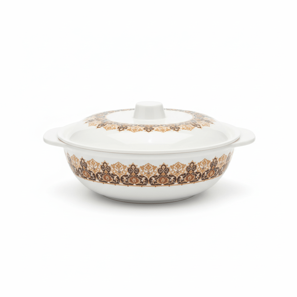 Henlee Melamine Serving Bowl With Lid - White with Gold & Brown - 22cmX6cm - Al Kabayel Discount CentreHenlee Melamine Serving Bowl With Lid - White with Gold & Brown - 22cmX6cmBowlsHENLEEAl Kabayel Discount Centre