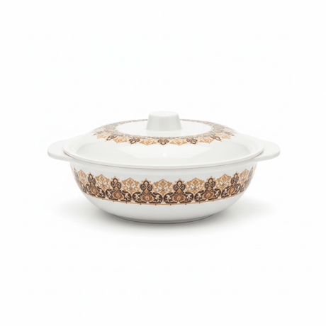 Henlee Melamine Serving Bowl With Lid - White with Gold & Brown - 22cmX6cm - Al Kabayel Discount CentreHenlee Melamine Serving Bowl With Lid - White with Gold & Brown - 22cmX6cmBowlsHENLEEAl Kabayel Discount Centre