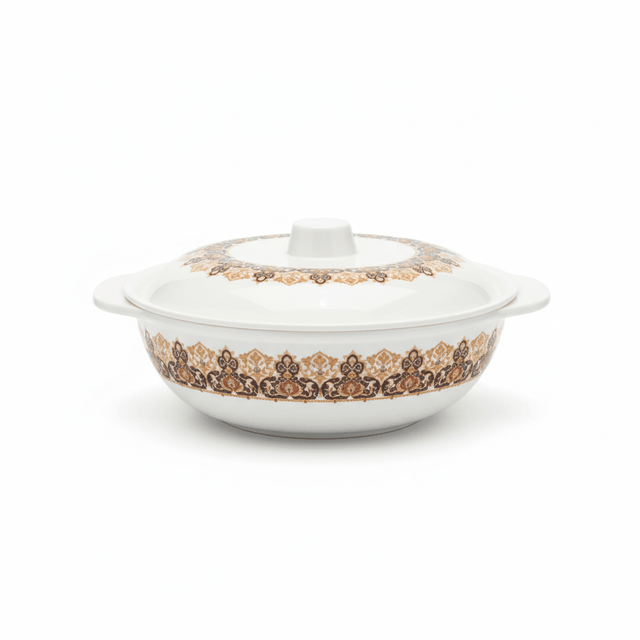 Henlee Melamine Serving Bowl With Lid - White with Gold & Brown - 22cmX6cm - Al Kabayel Discount CentreHenlee Melamine Serving Bowl With Lid - White with Gold & Brown - 22cmX6cmBowlsHENLEEAl Kabayel Discount Centre