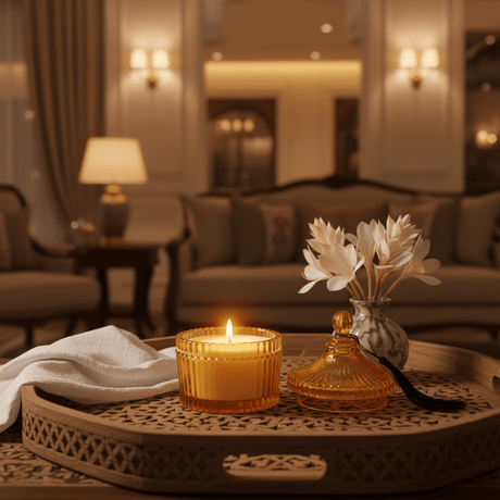 Home Fragrance Amber & Ginger Lily Luxury Aromatherapy Candle with Premium Glass Jar – 10 cm - Al Kabayel Discount CentreHome Fragrance Amber & Ginger Lily Luxury Aromatherapy Candle with Premium Glass Jar – 10 cmHome FragrancesHOME FRAGRANCEAl Kabayel Discount Centre