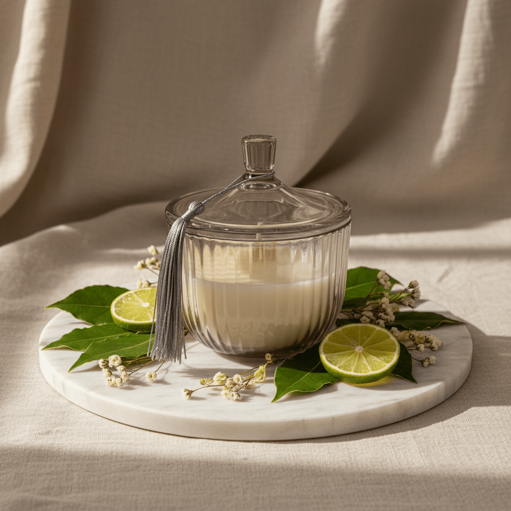 Home Fragrance Bay Leaf & Lime Refreshing Scented Candle with Premium Glass Jar – 10 cm - Al Kabayel Discount CentreHome Fragrance Bay Leaf & Lime Refreshing Scented Candle with Premium Glass Jar – 10 cmHome FragrancesHOME FRAGRANCEAl Kabayel Discount Centre