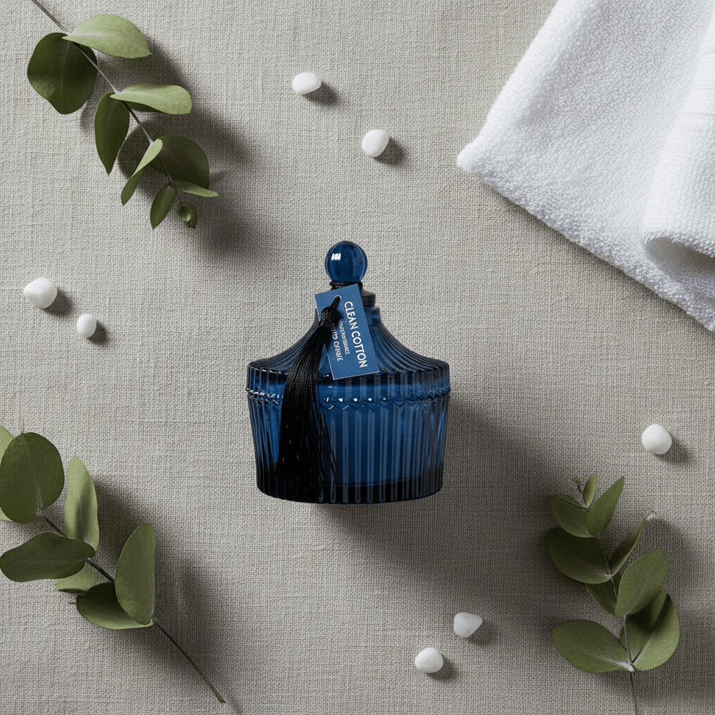Home Fragrance Clean Cotton Fresh Aroma Scented Candle with Elegant Glass Jar – 10 cm - Al Kabayel Discount CentreHome Fragrance Clean Cotton Fresh Aroma Scented Candle with Elegant Glass Jar – 10 cmHome FragrancesHOME FRAGRANCEAl Kabayel Discount Centre