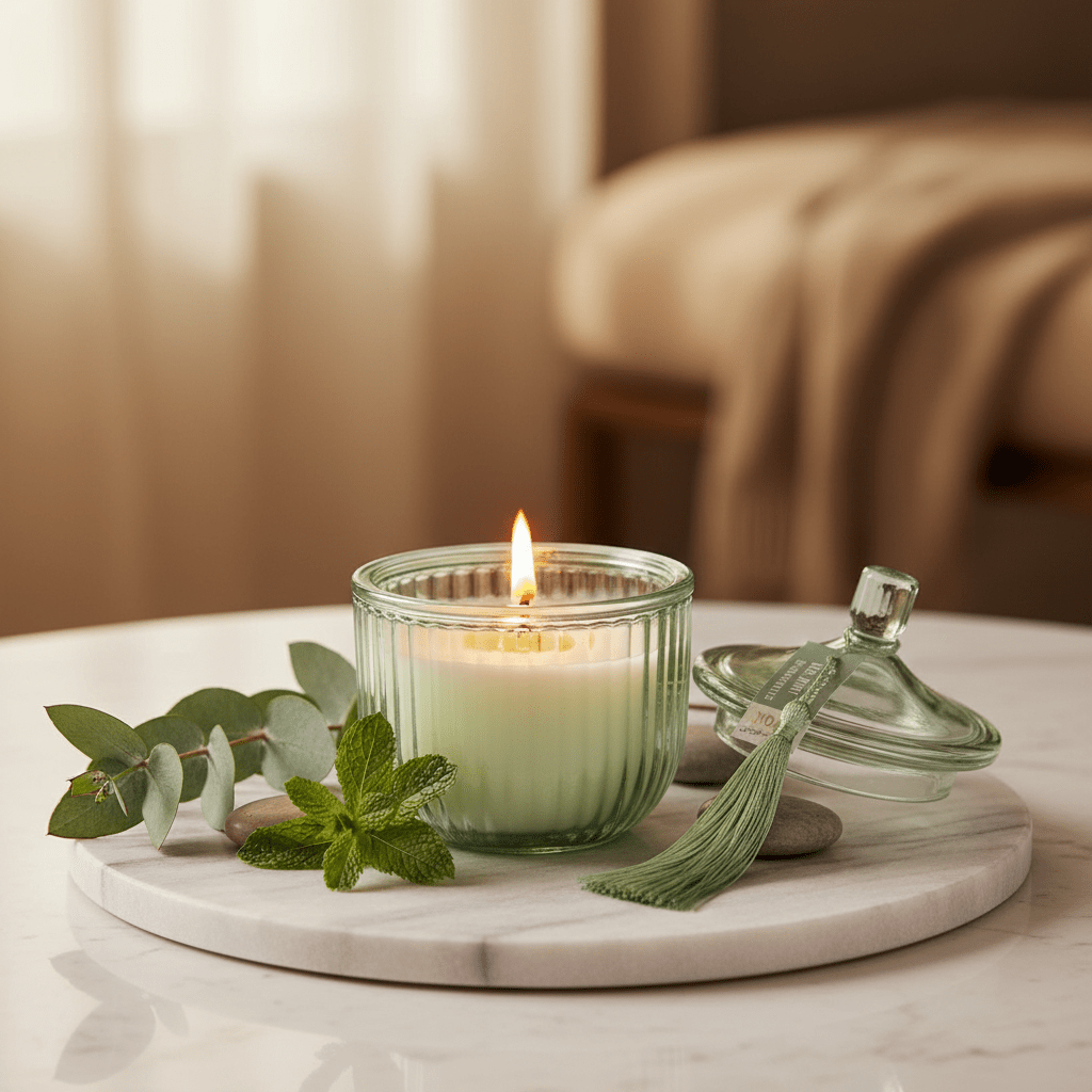 Home Fragrance Eucalyptus & Mint Relaxing Aromatherapy Candle with Glass Jar – 12 cm - Al Kabayel Discount CentreHome Fragrance Eucalyptus & Mint Relaxing Aromatherapy Candle with Glass Jar – 12 cmHome FragrancesHOME FRAGRANCEAl Kabayel Discount Centre