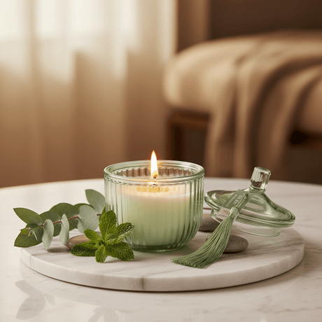 Home Fragrance Eucalyptus & Mint Relaxing Aromatherapy Candle with Glass Jar – 12 cm - Al Kabayel Discount CentreHome Fragrance Eucalyptus & Mint Relaxing Aromatherapy Candle with Glass Jar – 12 cmHome FragrancesHOME FRAGRANCEAl Kabayel Discount Centre