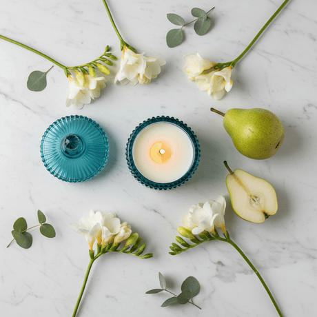 Home Fragrance Pear & Freesia Floral Scented Candle with Decorative Glass Jar – 10 cm - Al Kabayel Discount CentreHome Fragrance Pear & Freesia Floral Scented Candle with Decorative Glass Jar – 10 cmHome FragrancesHOME FRAGRANCEAl Kabayel Discount Centre