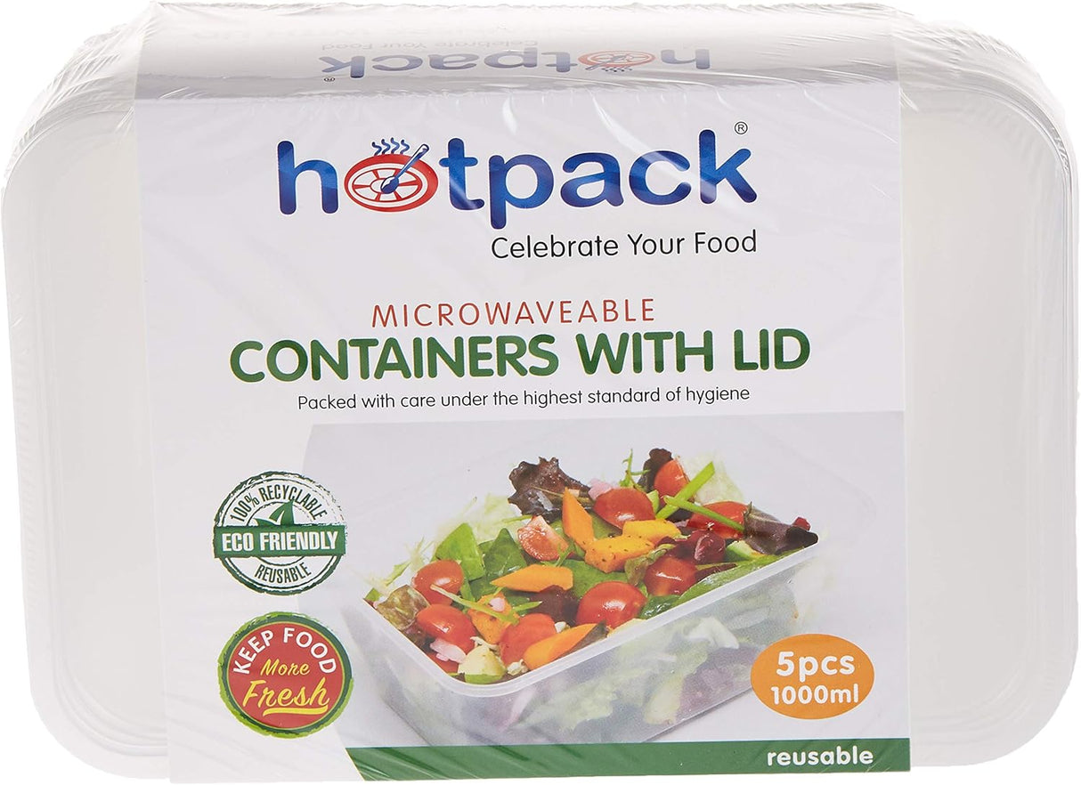 Hotpack 5pcs Rectangular Microwaveable Container with Lid 1000ml - Al Kabayel Discount CentreHotpack 5pcs Rectangular Microwaveable Container with Lid 1000mlDisposablesHOTPACKAl Kabayel Discount Centre
