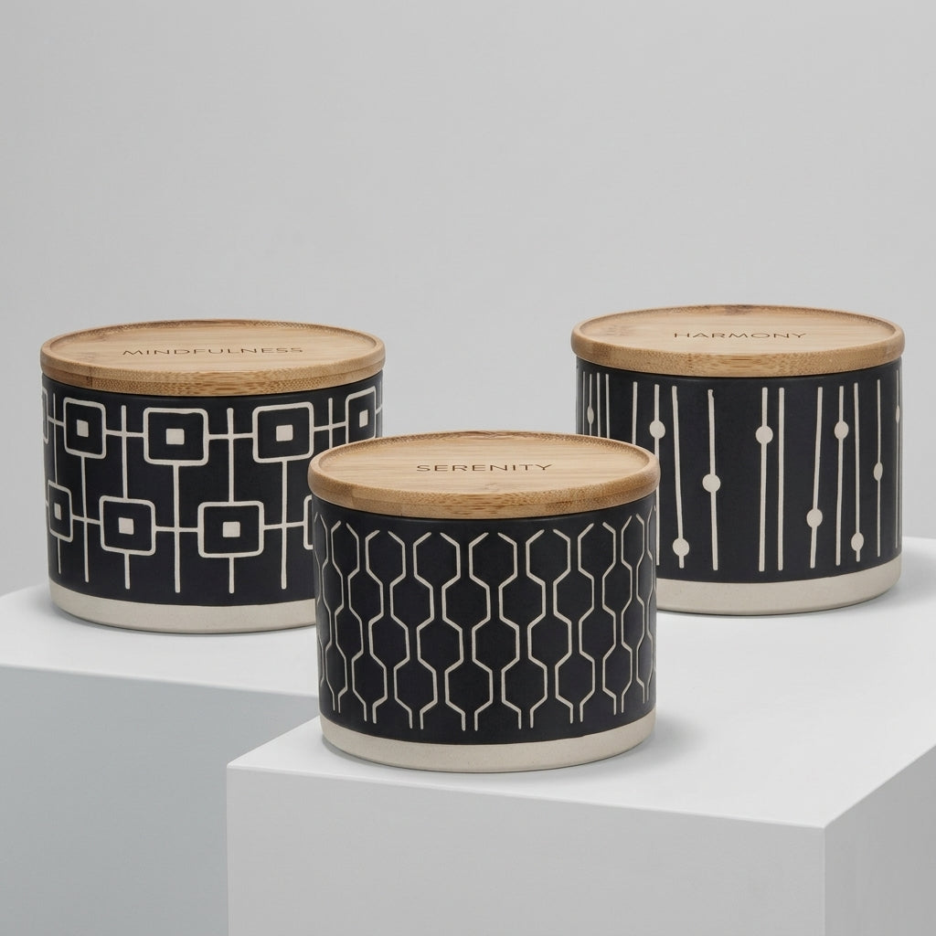 Danny Home 6-Piece Ceramic Storage Jar Set Black with Patterned Designs and Wooden Lids