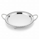 Silver Metal Round Candy Tray with Decorative Beaded Rim and Ornate Handles