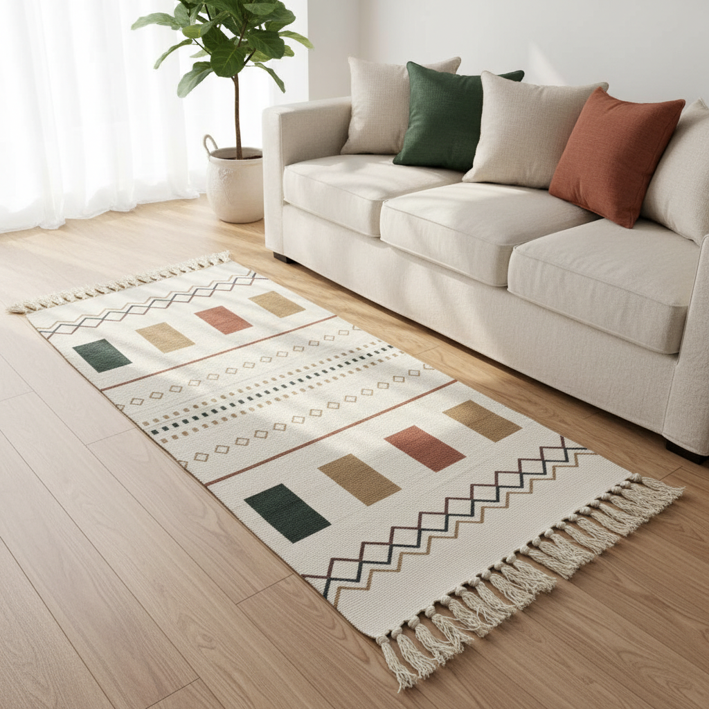 Handwoven Moroccan-Style Geometric Runner Carpet | 50% Cotton 50% Polyester | Cream with Fringe Tassels | 60 x 150 cm