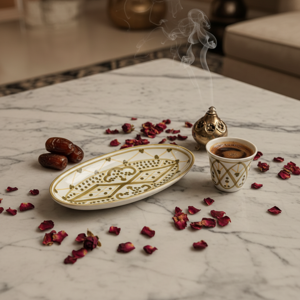Slama White & Olive Gold Ceramic Oval Plate - 20cm