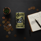 Adventure Motorcycle Vintage Enduro Metal Coin Piggy Bank Tin Box | Round Saving Box for Kids & Adults | 13×8 cm | Olive Green