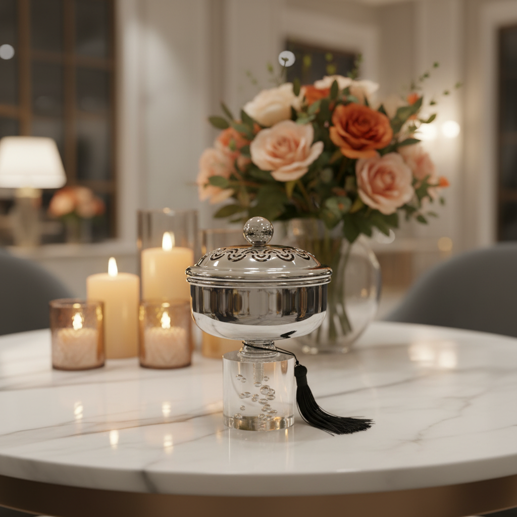Acrylic Footed Silver Metal Candy Bowl with Lid - 18 × 12 cm