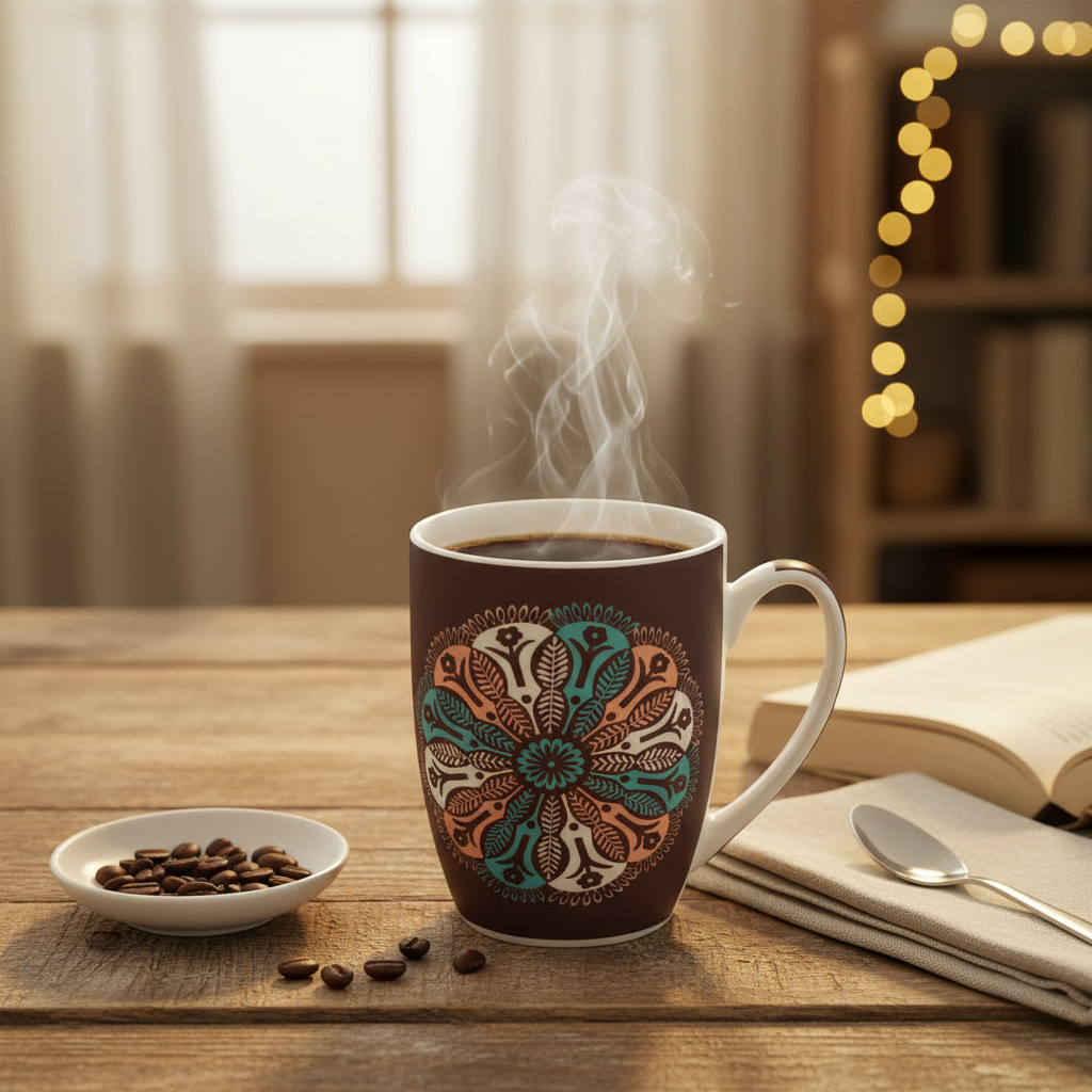 Dark Brown & Teal Floral Pattern Ceramic Mug - 300ml