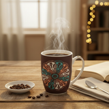 Dark Brown & Teal Floral Pattern Ceramic Mug - 300ml