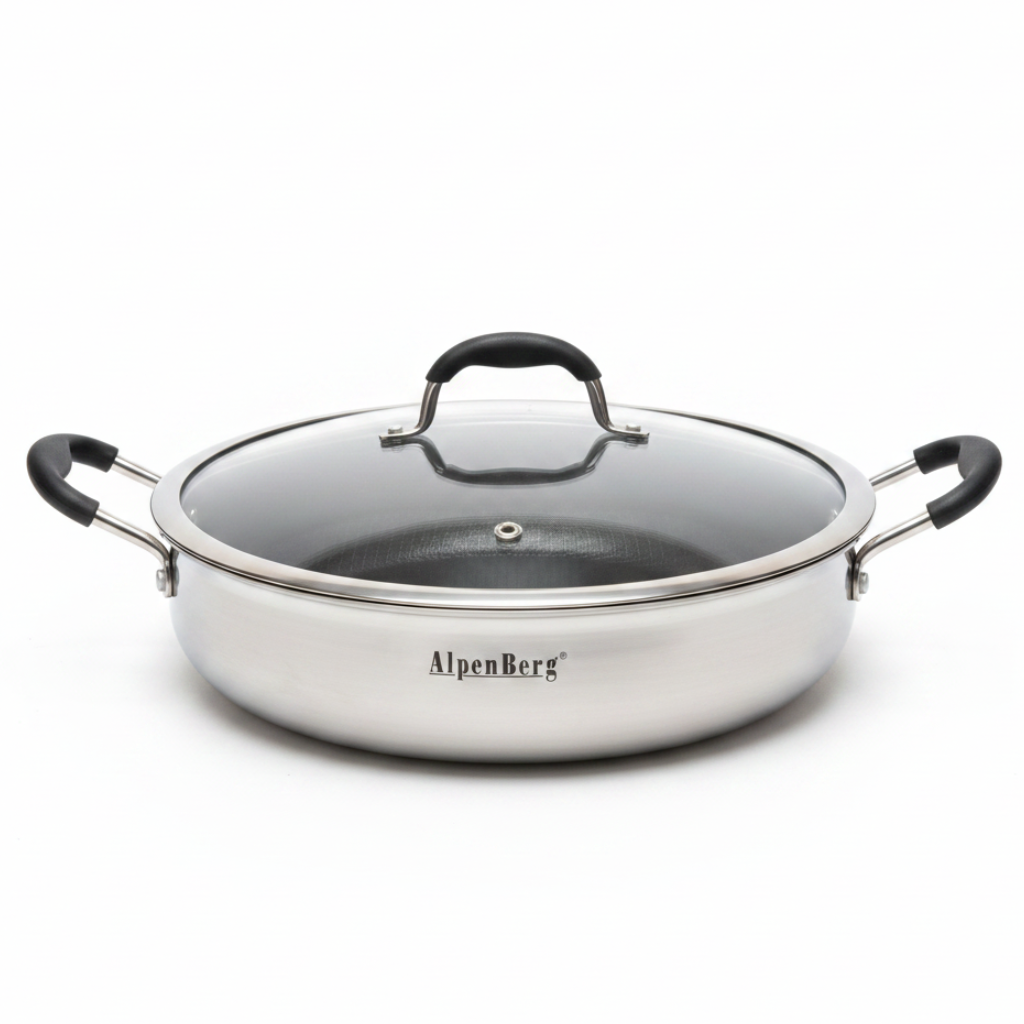 AlpenBerg Silver 3-Ply Stainless Steel Low Casserole with Glass Lid — 4.1 Litre