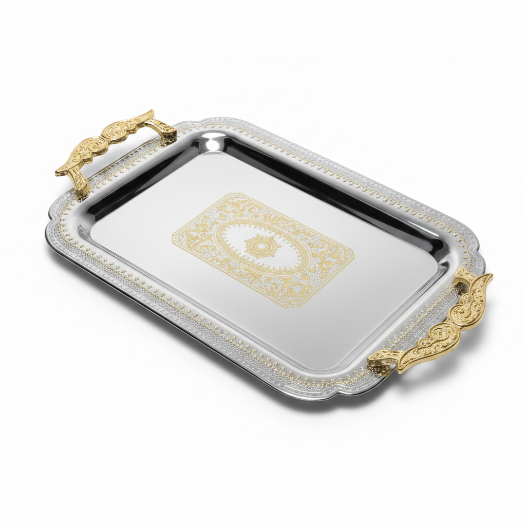 Maximan Luxury Silver & Gold Stainless Steel Serving Tray with Handles | 35.5 × 25 cm