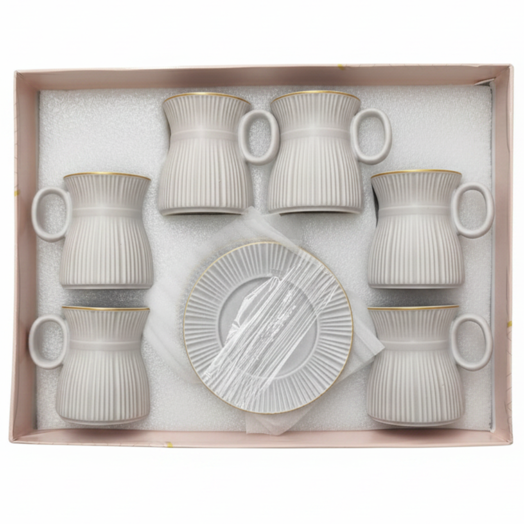 Hamid 12-Piece Ceramic Cup & Saucer Set – Light Gray with Gold Rim | 6 Cups & 6 Saucers