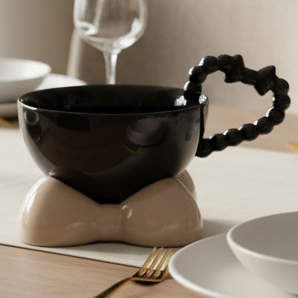 AKDC Ceramic Cup and Saucer Set – Black with Beige Flower Pattern, 300 ml Coffee & Tea Cup