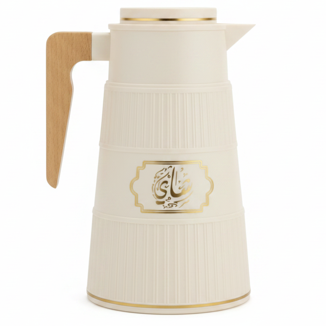 Germax Vacuum Flask 1 Litre | Insulated Arabic Thermos with Wooden Handle – Brown / Sage Grey / Cream