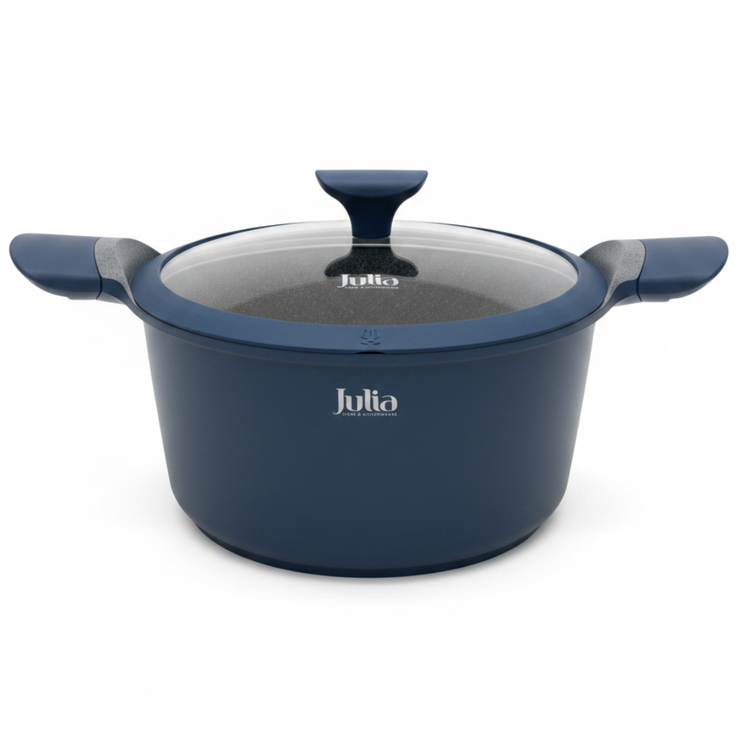 Julia Blue Casserole with Glass Lid | Non-Stick Grey Marble Coating | 24cm