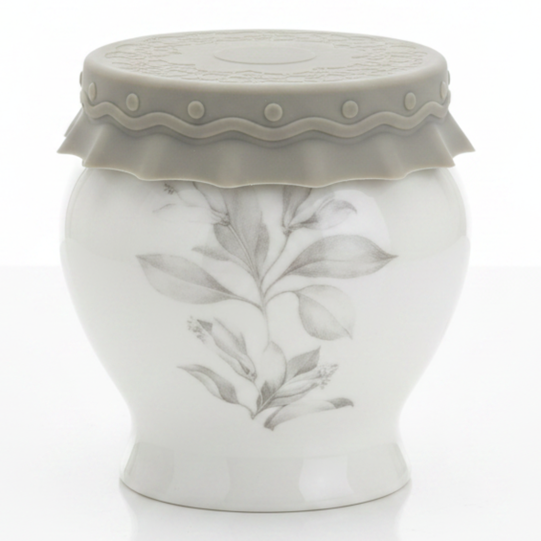 Solecasa White Ceramic Honey Jar with Floral Design & Grey Silicone Lid | 300ml