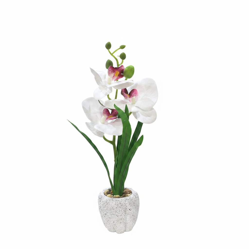 Artificial White Orchid Plant in Chalk Speckled Pot - 35cm