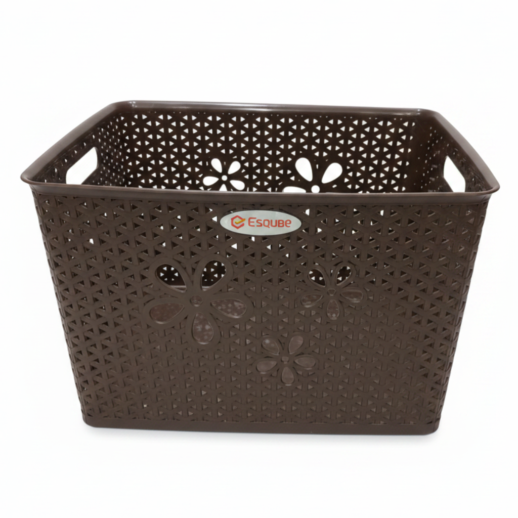 Esqube Plastic Laundry Basket with Floral Lattice Design - 25 × 40 × 33 cm - Brown / Beige / Light Blue / Grey