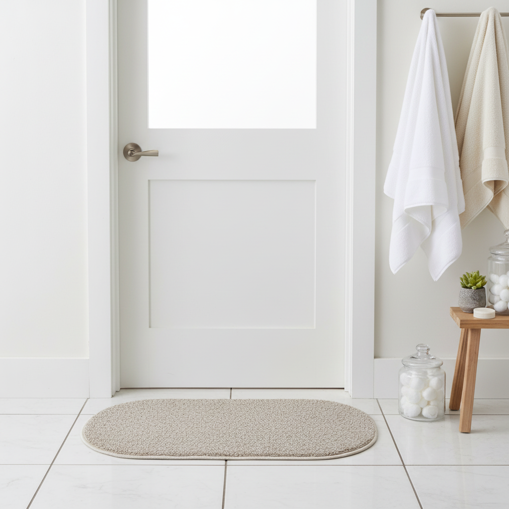 Oval Door Mat 62×38cm | Soft Loop Pile Rug | Non-Slip Entrance Mat for Home, Bathroom & Living Room | Beige Speckled Design | Durable Serged Edges