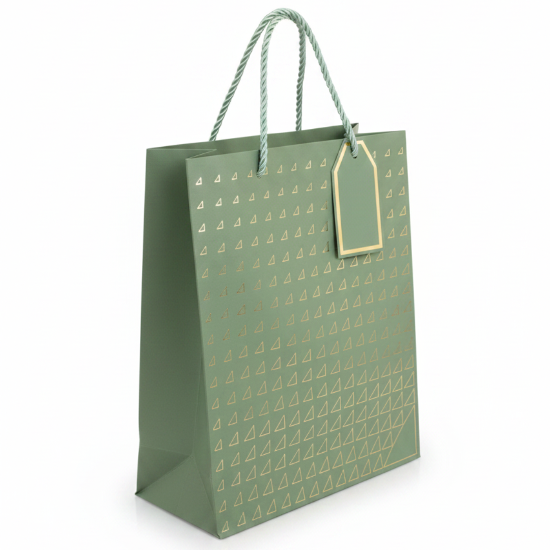 Paper Gift Bag with Gold Triangle Pattern & Rope Handles – 32×26cm | Premium Gift Packaging for All Occasions