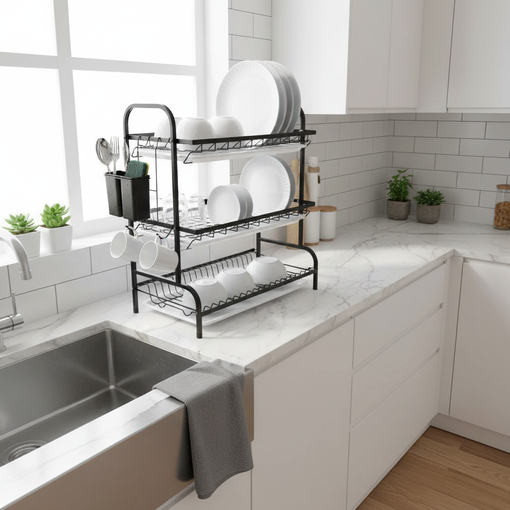 Black Metal & White Plastic 3-Tier Dish Drying Rack - 55×40×25 cm