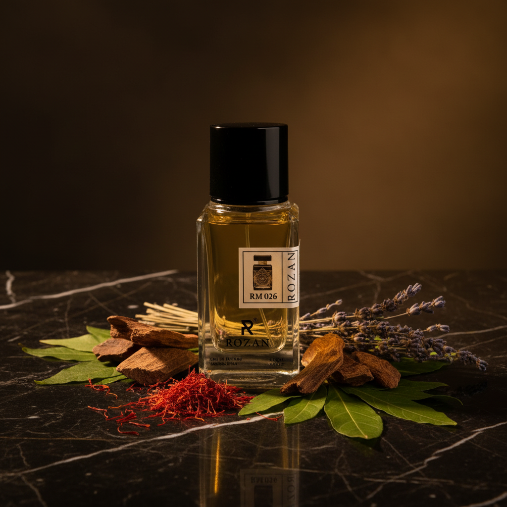 روزان RM 026 او دو بارفان 100 مل – عطر فاخر للجنسين بالزعفران والعود والباتشولي | بخاخ طبيعي | نسخة مستوحاة |