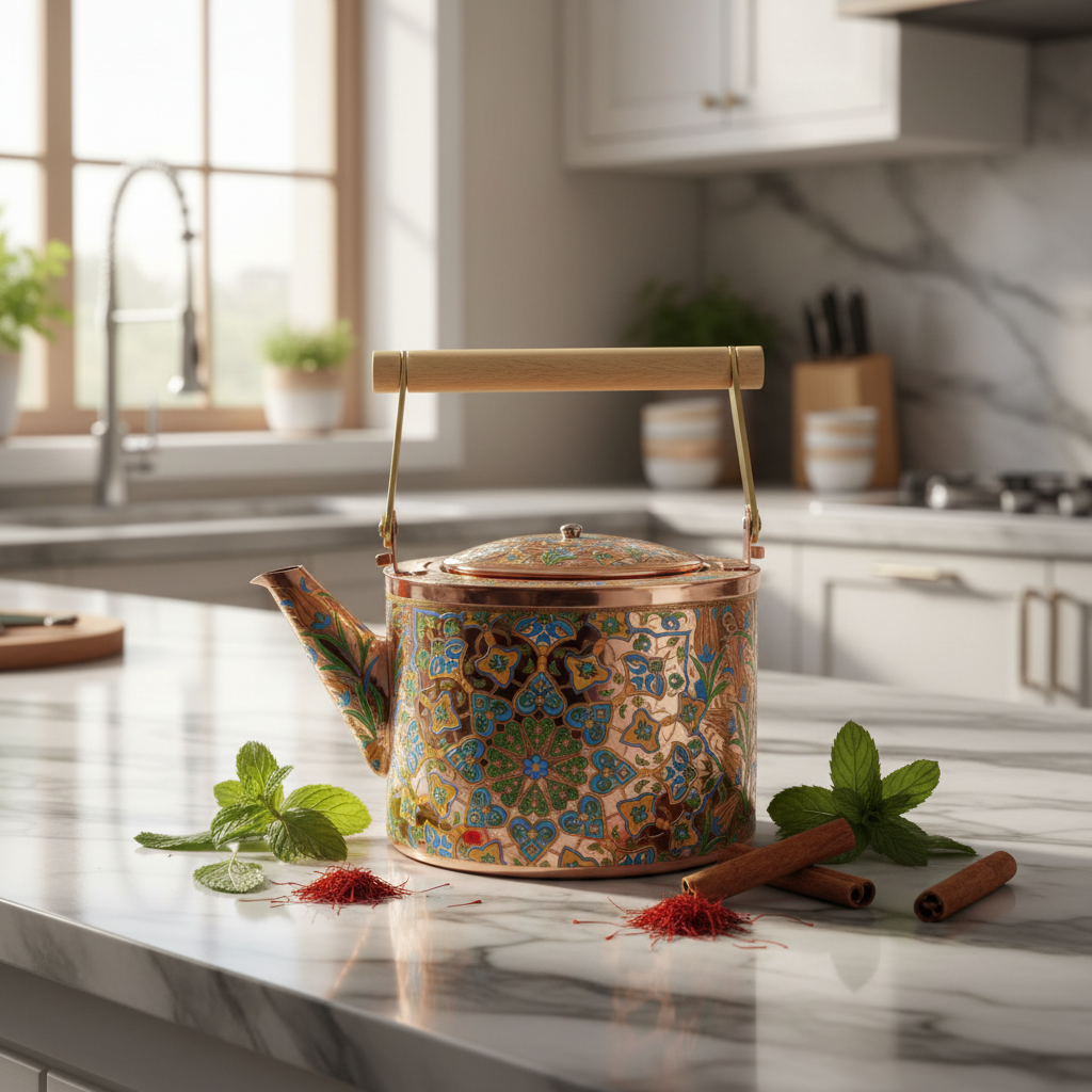 Handcrafted Copper & Blue Metal Tea Kettle with Wooden Handle – 1.5 Litre | Traditional Floral Art Design | Stovetop & Decorative Use