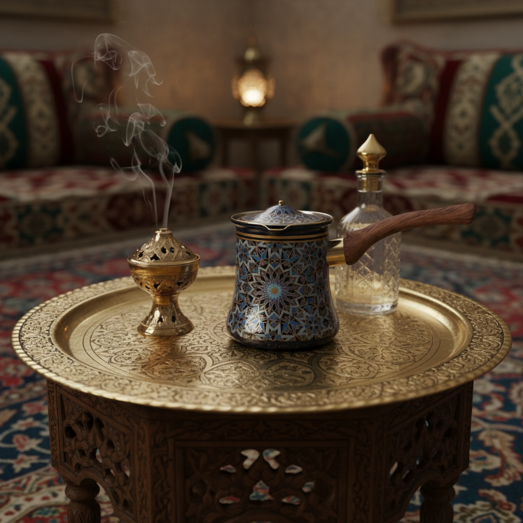 Blue & Black Decorative Metal Coffee Warmer with Mosaic Islamic Geometric Pattern, Wooden Handle & Lid – 400ml