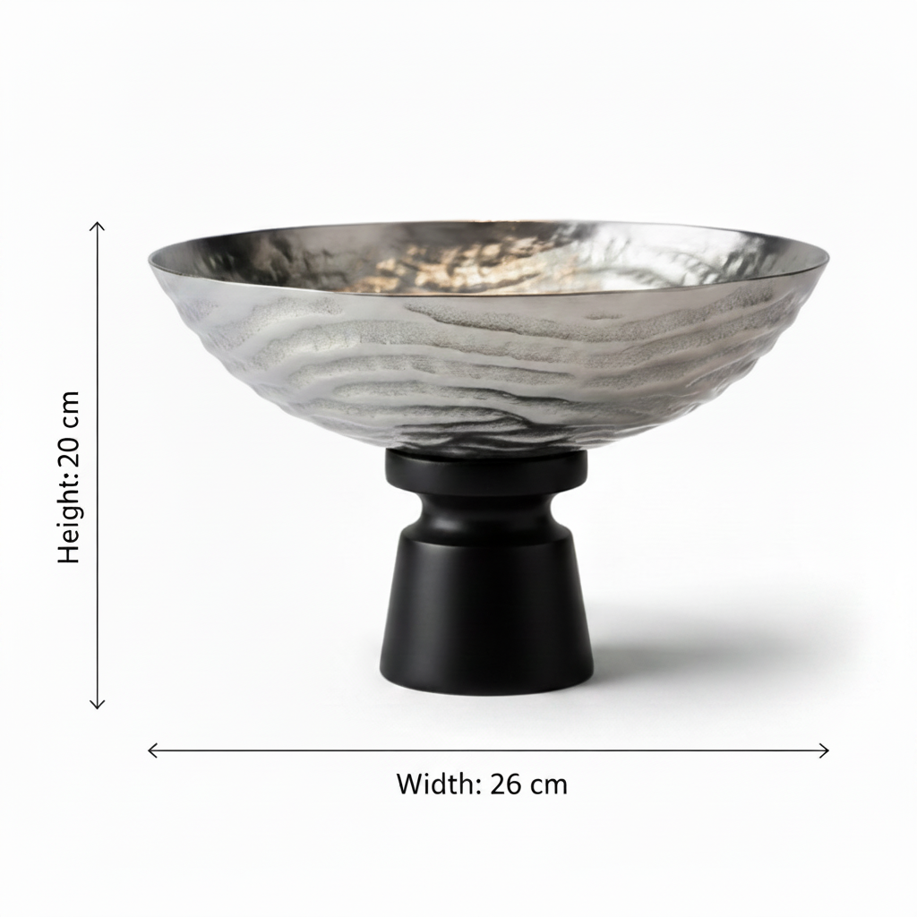 وعاء دائري من الألومنيوم بتصميم مموج من لوهبار، مع قاعدة خشبية سوداء - 20×26 سم - 74901-B