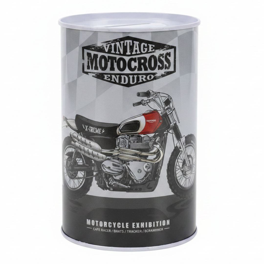 Vintage Motocross Enduro Metal Coin Piggy Bank Tin Can | Motorcycle Exhibition Savings Box | 13×8cm | Perfect Gift for Bike Lovers & Kids