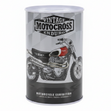 Vintage Motocross Enduro Metal Coin Piggy Bank Tin Can | Motorcycle Exhibition Savings Box | 13×8cm | Perfect Gift for Bike Lovers & Kids