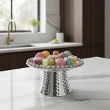 Silver Metal Footed Round Candy & Dates Tray with Beaded Rim | Hammered Pedestal Serving Dish |