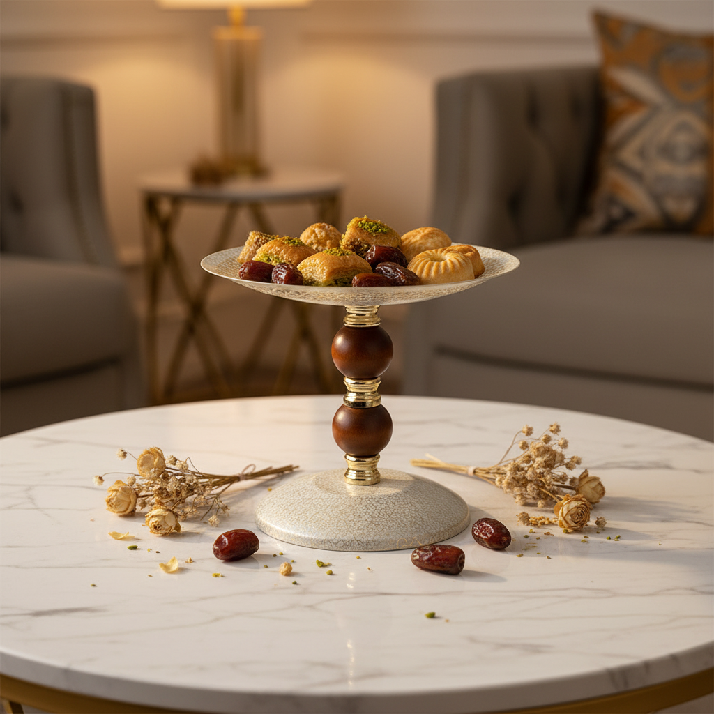 Brown & Gold Footed Cream Metal Candy Tray - 20×25 cm
