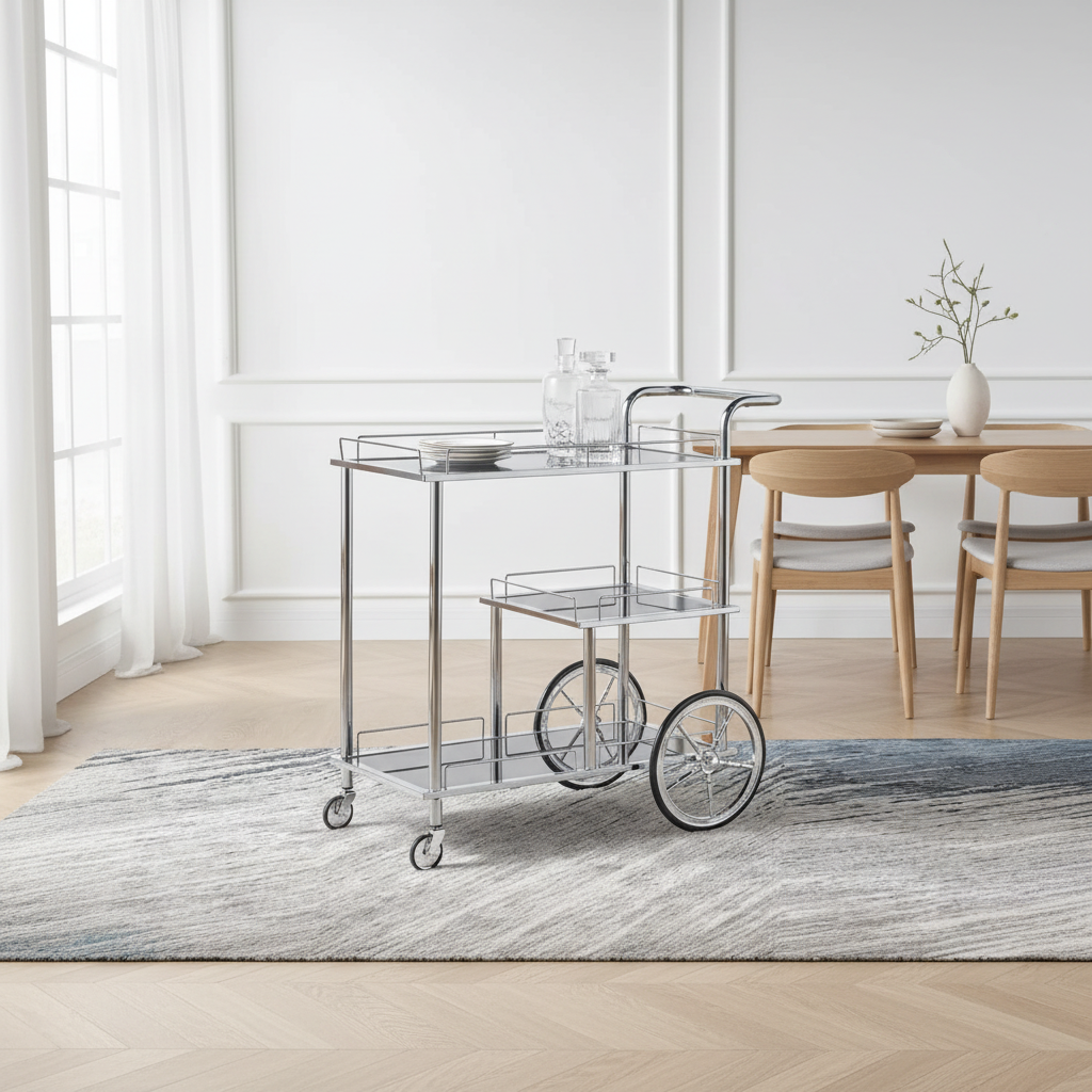 MayFlower 3-Tier Silver Chrome Metal & Clear Glass Serving Trolley Bar Cart | Rolling Hospitality Cart with Spoked Wheels | 77cm × 75cm × 40cm |