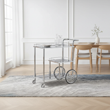MayFlower 3-Tier Silver Chrome Metal & Clear Glass Serving Trolley Bar Cart | Rolling Hospitality Cart with Spoked Wheels | 77cm × 75cm × 40cm |