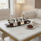 Luhpar Silver Rectangle Stainless Steel Serving Tray with 3 Wooden Footed Bowls - 33×13 cm