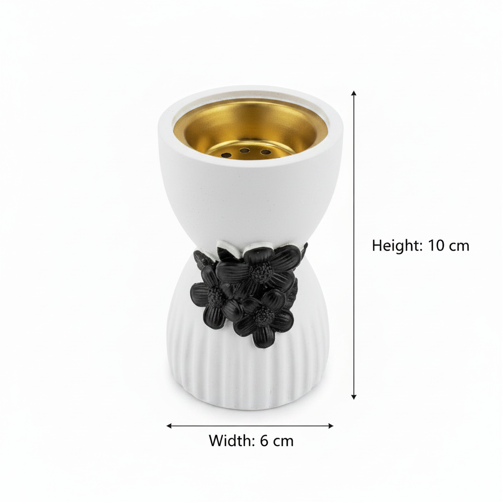 Chalk Incense Burner With Black  Floral Accent- 10×6cm - White / Cream