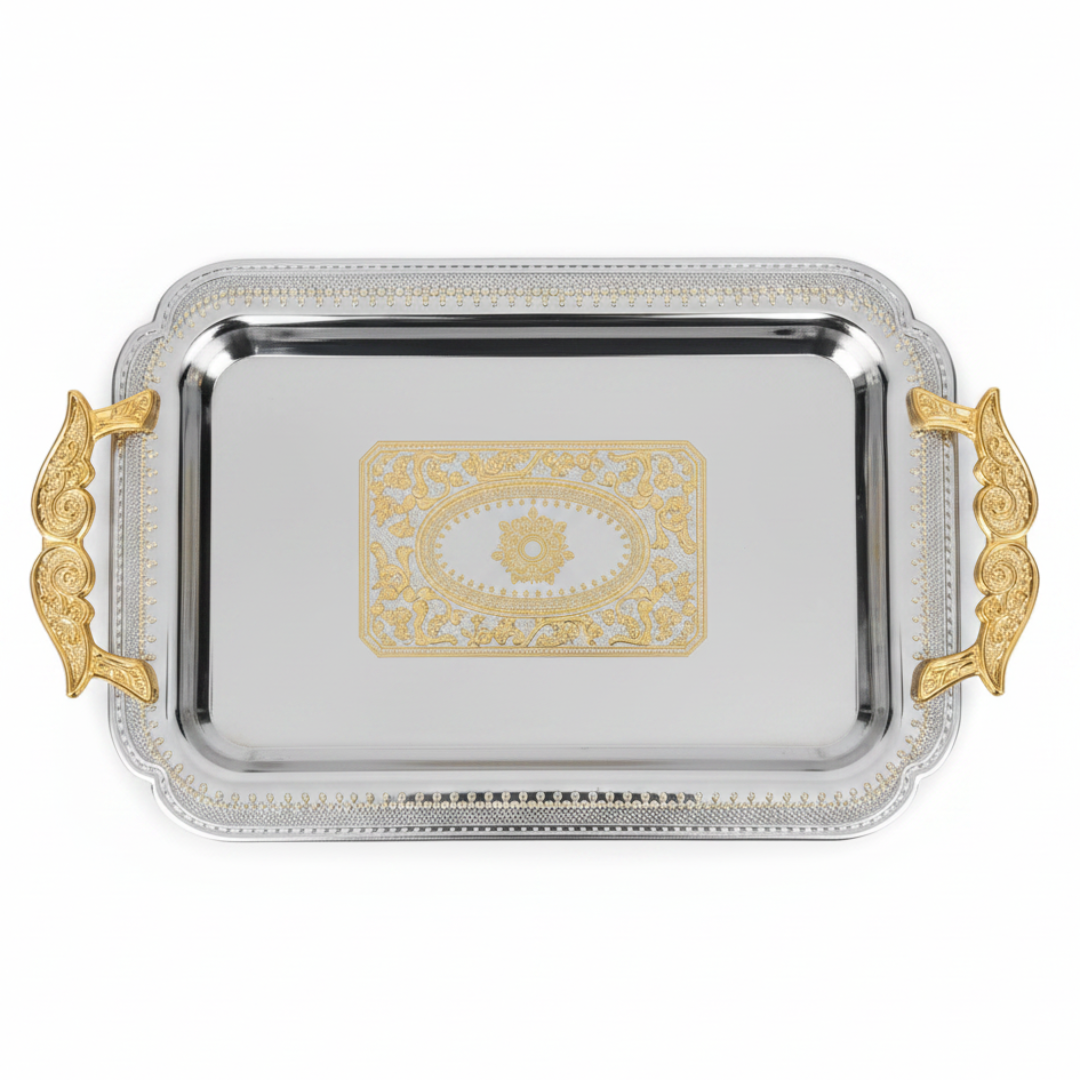 Maximan Luxury Silver & Gold Stainless Steel Serving Tray with Handles | 35.5 × 25 cm