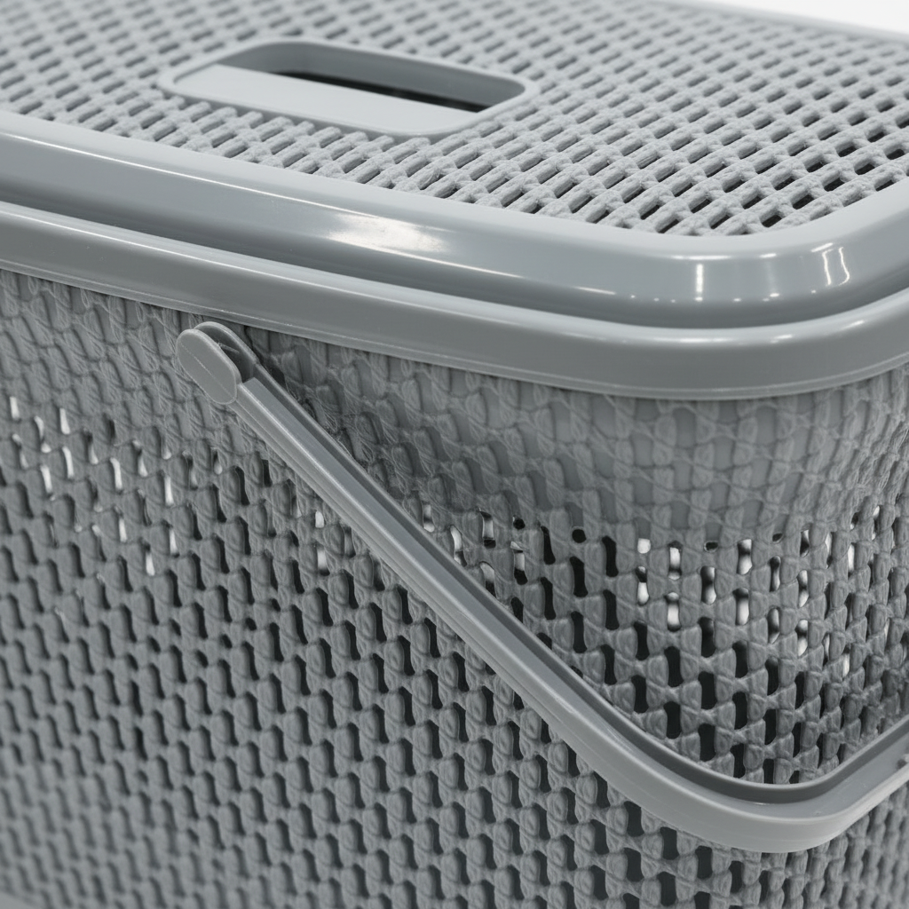 Polytime Plastic Picnic Basket with Lid & Handles - 30 × 45 × 35cm - Grey / White