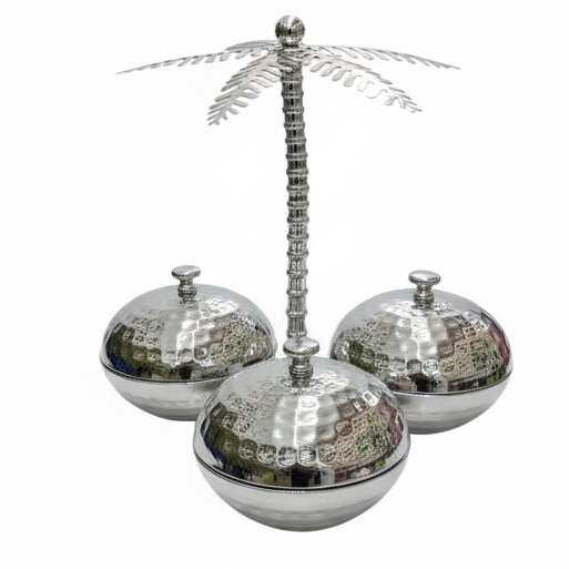 AKDC 3-Section Metal Candy Bowl – Premium Silver Finish, Divided Serving Bowl for Snacks & Sweets, 30 cm