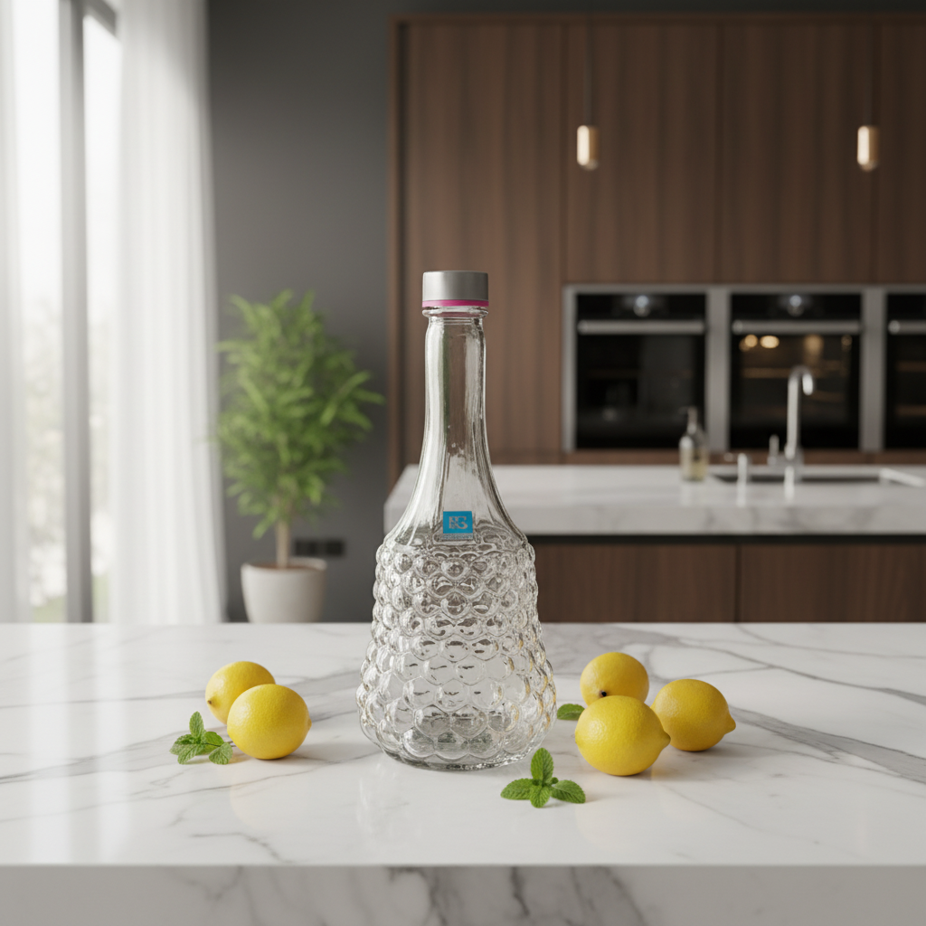 Pishgaman Elegant Textured Glass Water Bottle 1500ml — Premium Bubble Pattern Decanter with Airtight Silver Cap